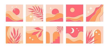 Set of abstract minimalistic square backgrounds in mid century style. Vector illustration with mountain landscape, natural shapes, arches,  sun, moon, stars and palm branches in pink and sand colors.