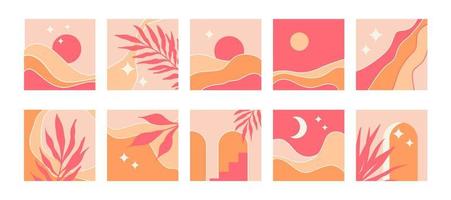 Set of abstract minimalistic square backgrounds in mid century style. Vector illustration with mountain landscape, natural shapes, arches,  sun, moon, stars and palm branches in pink and sand colors.