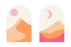 Set of abstract mountain and desert landscapes in arches in an aesthetic, minimalist mid-century style in soft pink and sand colors. Boho style landscape with sun, moon and sand dunes at sunset. vector