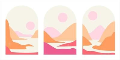 Set of abstract mountain landscapes in arches in an aesthetic trending mid-century minimalist style in soft pinks and sands. Landscape with mountains, river, sun and moon in boho style. vector