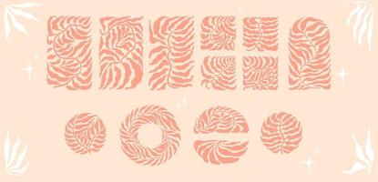 Set with abstract minimalist boho trendy leaves in mid century style. Silhouette of palm leaves in a square, circle, semicircle, rectangle in an earthy palette. vector