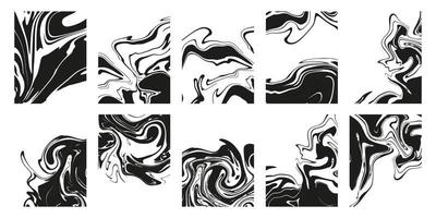 Set of abstract black marble or epoxy textures on a white background. Prints with Graphic Stylish Liquid Ink Stains. Trendy backgrounds for cover designs, invitations, case, wrapping paper. vector