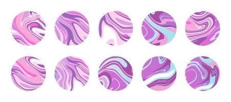 Marble or epoxy circles with vibrant colorful liquid marble textures in violet pink color palette. Abstract round icons for highlight covers. Backgrounds for social media stories.Vector trendy print. vector