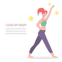 Happy harmonious girl. She stand in pose of Star. Body positive. Love your body. vector