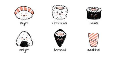 Set of kawaii sushi mascots in cartoon style. Different types of sushi vector