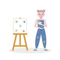 Flat vector painting tools in childish style. Hand drawn art supplies, easel with hand prints