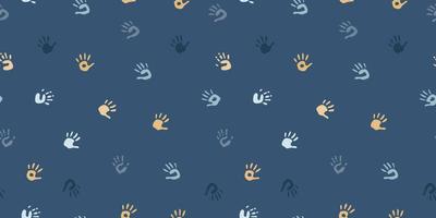 Vector flat hand drawn seamless pattern with hand print, palm stamp, fingers silhouette