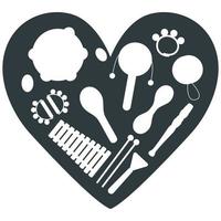 Hand drawn toy musical instruments in heart for kids. Flat vector silhouette illustration