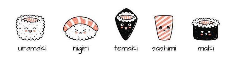 conjunto de kawaii Sushi mascotas en dibujos animados estilo. diferente tipos de Sushi vector