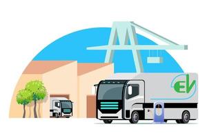 Construction industry, transportation that has switched to electric vehicles. Electric truck charging station. Direction for using clean energy. vector illustration
