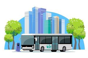 Electric city bus charging station with green city. City building in background. vector illustration