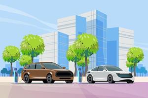 Electric car on charging station with green city. Electric vehicle charging technology at office building parking area vector illustration. City building skyline in background.