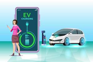 móvil solicitud ese dice el cargando estado de el eléctrico vehículo. móvil solicitud para ev coche gestión. concepto de eléctrico vehículo cargar. vector