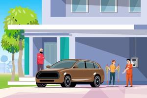 Electric vehicle charging station repairer, home repair service. Electric car on home charging station. vector illustration