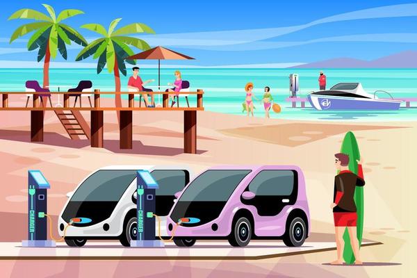 Electric car charging point by the beach. An electric boat is charging at the pier. Electric power boost tourism business. Beach skyline in background. vector illustration