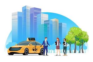 Yellow electric car taxi. Use of electric vehicles in the city. Concept of living in urban society. green energy concept, vector illustration