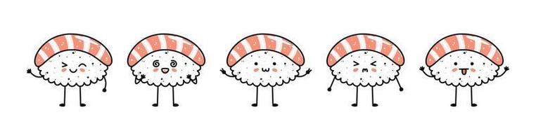Set of kawaii nigiri sushi mascots in cartoon style vector