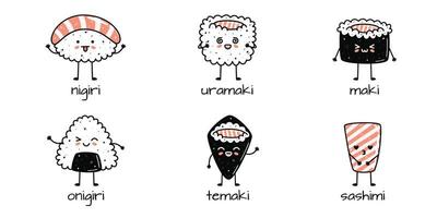 conjunto de kawaii Sushi mascotas en dibujos animados estilo. diferente tipos de Sushi vector