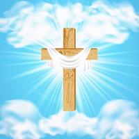 He is Risen. Easter. Light blue background with Christian wooden cross and glowing skies. Religious design. Postcard with Palm Sunday, Easter, Resurrection of Christ.Vector illustration. vector