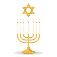 Celebrate Passover with these iconic menorah and star of David symbols in gold. Menorah featuring seven candles, star of David in a gold color on a clean white background. Vector illustration.