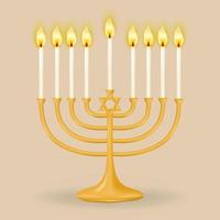 Gold Hanukkiah for nine candles on a beige background. Hanukkah candlestick in the form of a menorah with nine branches. Perfect for your holiday designs. Vector illustration.