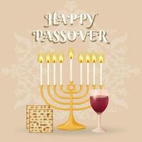 Wishing you a joyous Passover celebration. This festive background showcases the menorah, matzah, matzo and a glass of red wine against a beautifully patterned design. Vector illustration.