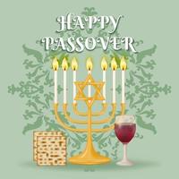 Mark the occasion of Passover with this elegant background featuring the Menorah, Matzah, matzo, and a wineglass of red wine set against a intricate patterned design. Vector illustration.