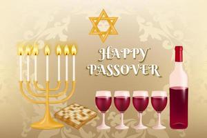 Celebrate the Passover holiday in style with this festive background featuring the Menorah, matzo, and four glasses of red wine arranged against a patterned design. Vector illustration.