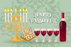 Celebrate the festival of Passover with this beautiful background featuring the Menorah, matzo, red wine set against a patterned design. Vector illustration.