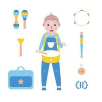 Hand drawn toy musical instruments for kids. Flat vector toddler in overall with drum illustration
