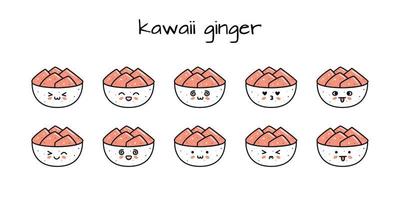 conjunto de kawaii jengibre cuenco Sushi mascotas en dibujos animados estilo vector