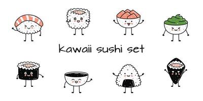 Set of kawaii sushi mascots in cartoon style. Different types of sushi vector