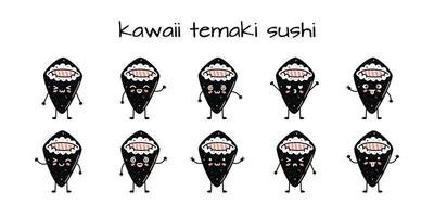 Set of kawaii temaki sushi mascots in cartoon style vector