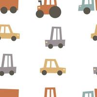 sin costura modelo con dibujos animados camión, tractor, auto, decoración elementos. vistoso vector plano estilo para niños. mano dibujo. bebé diseño para tela, imprimir, envoltura, textil