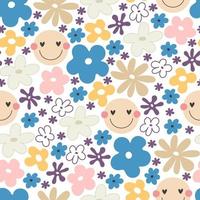 groovy springseamless pattern with cartoon flowers, peace sign. retro style, vector illustration. hand drawing. design for fabric, print, wrapper, textile