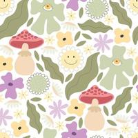 groovy springseamless pattern with cartoon flowers, mushrooms, peace sign. retro style, vector illustration. hand drawing. design for fabric, print, wrapper, textile