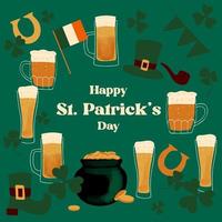 Happy St.Patrick s day greeting card design with stylized illustration traditional symbol mugs of beer pot coins on green background vector