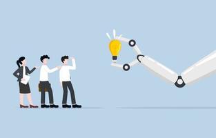 Machine learning, artificial intelligence to help business with data analysis and providing knowledge, automation system for work concept,  Robotic hand showing idea light bulb to business people. vector