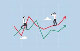 Competitve analysis, evaluating business strength and weakness of competitor, developing strategy to gain market advantage concept, Businessman on analyzing rival on another graph through telescope. vector