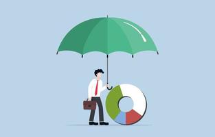 Careful management of investment portfolio, diversification, regular monitoring, and making informed decision based on market trend concept, Businessman spreading umbrella to cover pie chart. vector