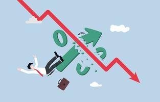 Inflation remains high while interest rates hike, economic recession, hyperinflation concept, Businessman falling from broken percentage sign rocket after colliding with downtrend graph. vector