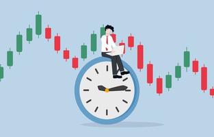 lleno hora comerciante, vivo por comercio solamente financiero instrumentos, gerente riesgo y relación comercial con mercado fluctuación concepto, empresario comercio en reloj con candelero grafico antecedentes. vector