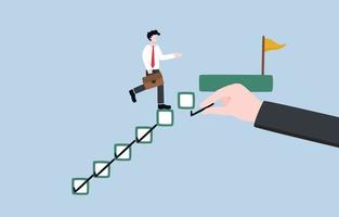 probationary period, employee evaluation to provide feedback and make decision about promotion, raise or termination concept, Businessman walking up stair of check boxes for assessment. vector