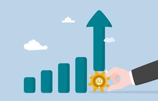 negocio ayuda con ai, máquina aprendizaje a mejorar cliente servicio, aumentar productividad o ayuda decisión haciendo, gigante mano poniendo rueda dentada de ai debajo último bar de grafico a crecer negocio rápidamente. vector