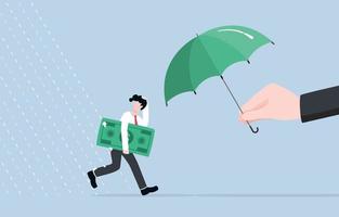 Policy response to help citizen during recession, fiscal and money stimulus, business help concept, Businessman with banknote running away from rain to umbrella which is spread by giant hand. vector