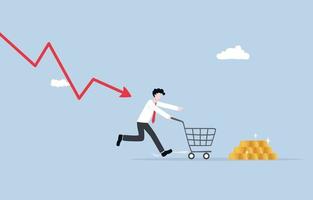 Low investor confidence, investing in gold during recession, safe haven asset against inflation concept, Businessman with shopping cart running away from downtrend graph attack and trying to buy gold. vector