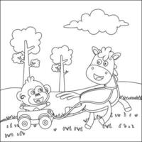 Happy horse and frend cartoon in the farm with green field. Creative vector Childish design for kids activity colouring book or page.