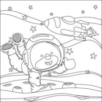 Vector children's coloring book. Cute animal astronaut flies in space. Around the star and planet. Children's coloring book