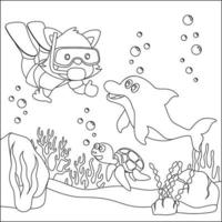 Vector cartoon illustration of little animal diving under sea with cartoon style Childish design for kids activity colouring book or page.