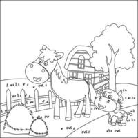 Happy horse and frend cartoon in the farm with green field. Creative vector Childish design for kids activity colouring book or page.